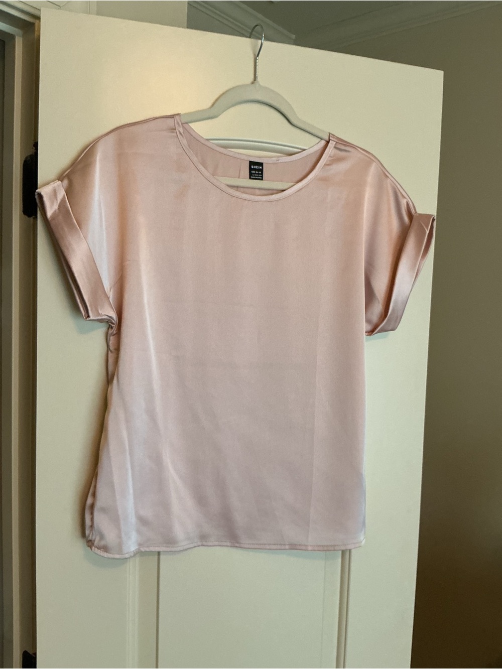 Satin Short Sleeve Blouse - Light Pink